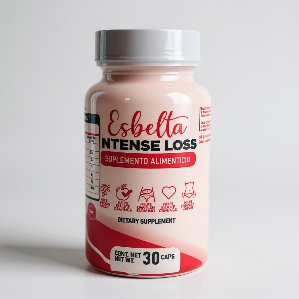 Frasco del suplemento Esbelta con ingredientes naturales, diseñado como apoyo para el control de peso y un estilo de vida activo.
