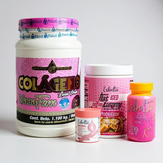 Kit de suplementos para mujer con cuatro productos sobre un fondo blanco: bote grande de Colágeno MacaFem, frasco de café frío Esbelta Flat Tummy, y botes de Esbelta Lady y Esbelta Intima bella coffee